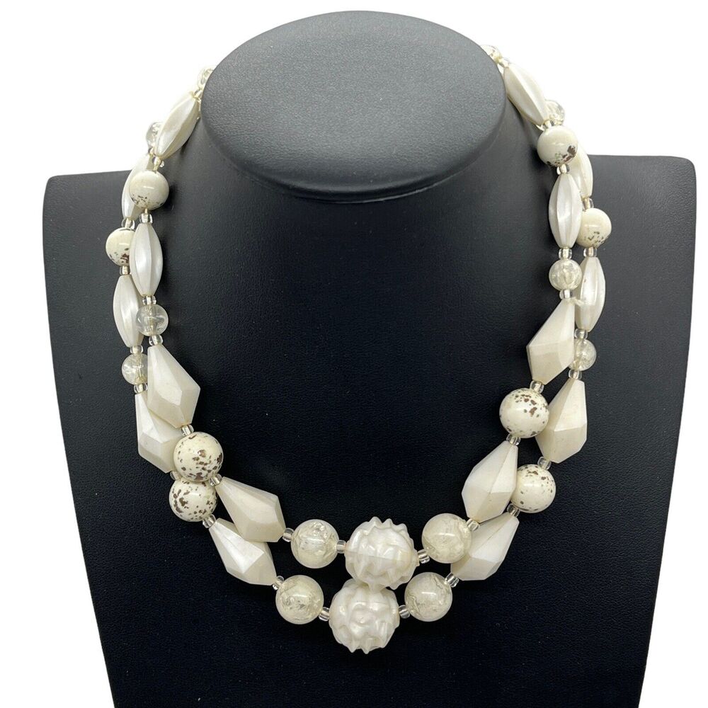 Vintage Necklace West Germany 2 Strand Creamy White Beaded Hook Close Choker